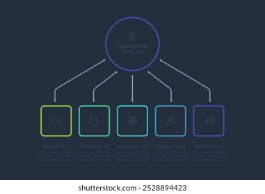 Line concept for infographic with 5 steps, options, parts or processes. Template for web on a black background.