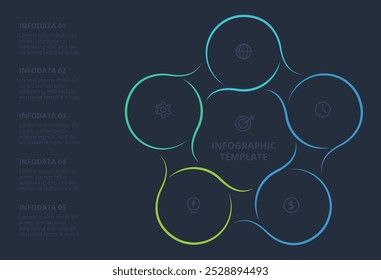 Concepto de línea para infografía con 5 pasos, opciones, partes o procesos. Plantilla para el Web sobre un fondo negro.