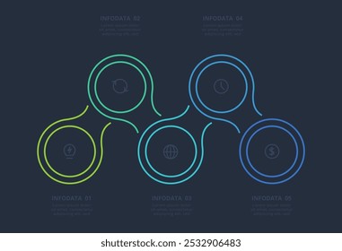 Conceito de linha para infográfico com 5 etapas, opções, partes ou processos. Modelo para a Web em um plano de fundo preto.