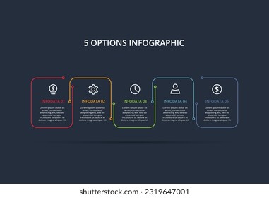 Concepto de línea para infografía con 5 pasos, opciones, partes o procesos. Plantilla para web sobre fondo negro.