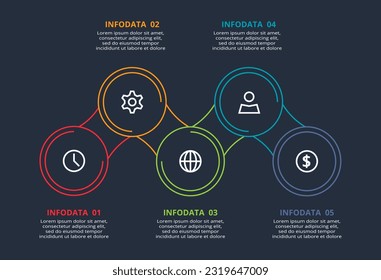 Line concept for infographic with 5steps, options, parts or processes. Template for web on a black background.