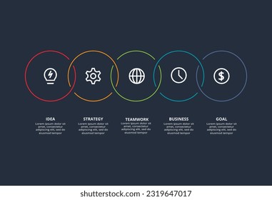 Line concept for infographic with 5steps, options, parts or processes. Template for web on a black background.