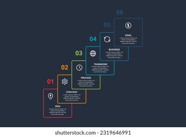 Concepto de línea para infografía con 6 pasos, opciones, partes o procesos. Plantilla para web sobre fondo negro.