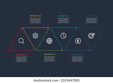 Concepto de línea para infografía con 6 pasos, opciones, partes o procesos. Plantilla para web sobre fondo negro.
