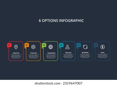 Line concept for infographic with 6 steps, options, parts or processes. Template for web on a black background.