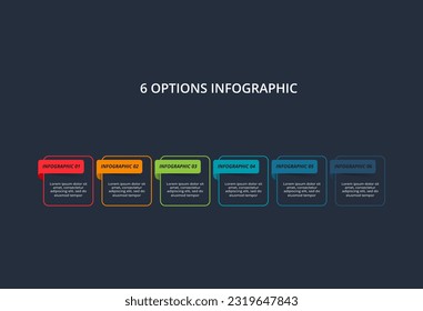 Concepto de línea para infografía con 6 pasos, opciones, partes o procesos. Plantilla para web sobre fondo negro.