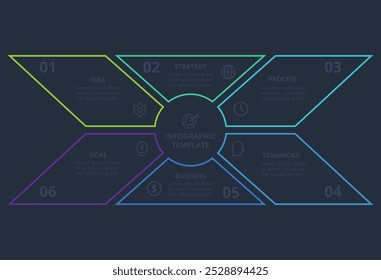 Linienkonzept für die Infografik mit 6 Schritten, Optionen, Teilen oder Prozessen. Vorlage für Web auf schwarzem Hintergrund.