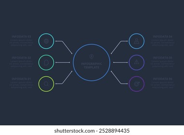 Line concept for infographic with 6 steps, options, parts or processes. Template for web on a black background.