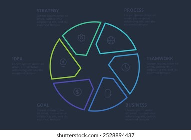 Line concept for infographic with 6 steps, options, parts or processes. Template for web on a black background.