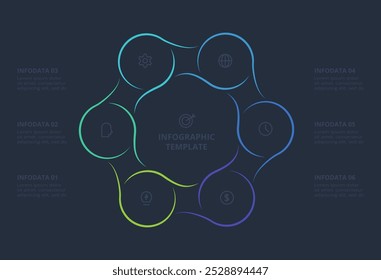 Conceito de linha para infográfico com 6 etapas, opções, partes ou processos. Modelo para a Web em um plano de fundo preto.