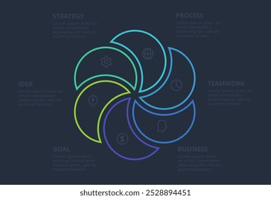 Line concept for infographic with 6 steps, options, parts or processes. Template for web on a black background.
