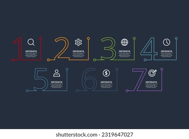 Line concept for infographic with 7 steps, options, parts or processes. Template for web on a black background.