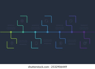 Conceito de linha para infográfico com 7 etapas, opções, partes ou processos. Modelo para a Web em um plano de fundo preto.