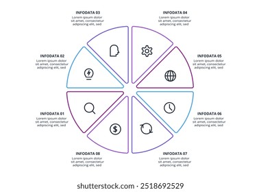Concepto de línea para infografía con 8 pasos, opciones, partes o procesos. Visualización de datos empresariales.