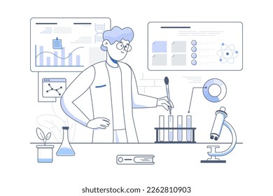 Line concept Science Laboratory with people scene in the flat cartoon style. Scientist conducts experiments with various substances in a laboratory. Vector illustration.