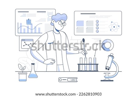 Line concept Science Laboratory with people scene in the flat cartoon style. Scientist conducts experiments with various substances in a laboratory. Vector illustration.