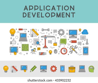 Line concept web banner for app development. Vector icons for app development. Open path.