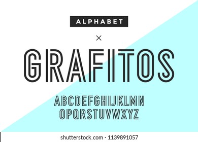 Line condensed alphabet and font. Double line uppercase outline letters. Type, typography letter line font. Hand-drawn modern narrow sans serif line font for headline. Vector Illustration