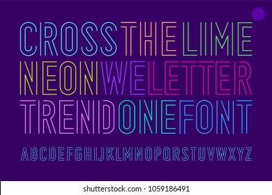 Line condensed alphabet and font. Uppercase outline letters. Type, typography letter line font. Hand-drawn modern narrow sans serif line font Cross The Lime for headline, part One. Vector Illustration