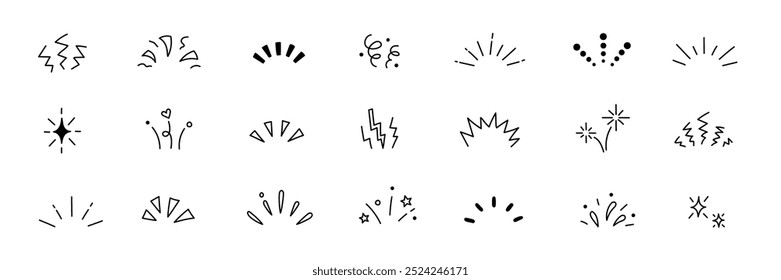 Line confetti exclamation icon elements. Hand drawn confetti explosion burst ray shine line icon illustration. Spark exclamation emphasis ray twinkle starburst decoration. Vector illustration.