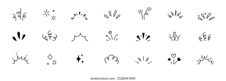 Ausrufezeichen für Linienkonfetti. Handgezeichnete Konfetti Explosion Burst Strahl Glanz Linie Symbol Illustration. Ausrufezeichen Betonung Strahl funkeln Sternenhimmel Dekoration. Vektorgrafik.