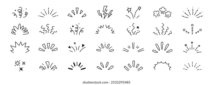 Elementos de iconos de exclamación de confeti de línea. Rayos de línea Doodle. La luz radial Abstractas de la explosión del sol brilla Elementos de explosión. Colección de Vector brillante dibujado a mano.