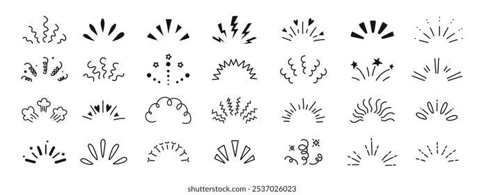 Elementos de ícone de exclamação de confete de linha. Raios de linha de rabiscar. Elementos de explosão de faísca de luz radial abstrata. Coleção de vetores de brilho de explosão de sol desenhado à mão.