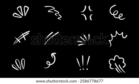 Line confetti exclamation icon elements. Hand drawn confetti explosion burst ray shine line icon illustration on black background. Vector illustration.