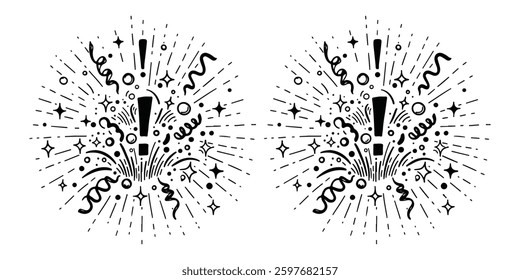 Line confetti exclamation confetti inspired design elements feature exclamation icons and dynamic lines, creating a lively sense of celebration. These hand-drawn illustrations capture the energy.