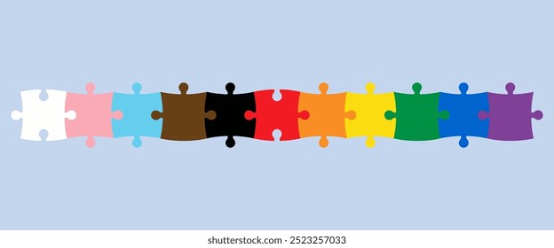 Line of connected to each other puzzles representing LGBTQ+ pride flag.