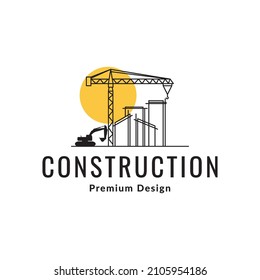 line construction with crane excavator and sunset logo design vector