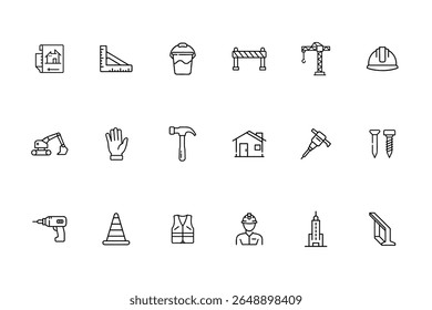 Line construction icons set featuring blueprint ruler bucket barrier crane hard hat excavator glove