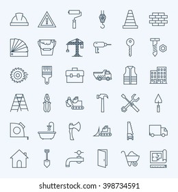 Line Construction Tools Icons Set. Vector Set of Modern Thin Outline Building Tools and Industrial Items.