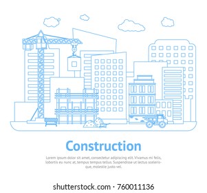 Line Constructions Building on Background of City District Card Poster Engineering Project Web Style Design. Vector illustration