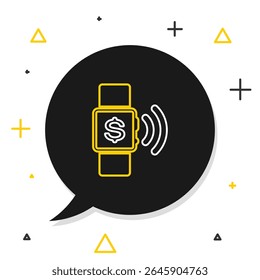 Línea Icono de pago sin contacto aislado sobre fondo blanco. Reloj inteligente con tecnología NFC que realiza transacciones inalámbricas sin contacto. Concepto de contorno colorido. Vector