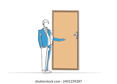 line continues businessman showing the door.single line vector welcomes in.join business,cooperate.isolated white background