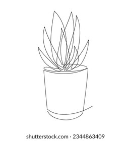 Line continuous aloe house plant in pot vector. Outline drawing, botanical illustration. Hand drawn linear icon. Leaves silhouette. Minimal design, print, banner, card, poster, logo, sign, symbol.