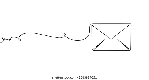 Line continuous art mail one icon email letter vector paper message. Continuous art mail newsletter sketch outline contact plane illustration business single doodle arrow journey travel send fly post.