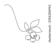 Line continuous blueberry branch with leaves. Vector icon. Hand drawn outline illustration. Linear berries silhouette. Garden plant. Minimal design, print, banner, card, brochure, logo, menu, sign.