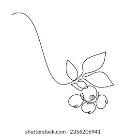 Line continuous blueberry branch with leaves. Vector icon. Hand drawn outline illustration. Linear berries silhouette. Garden plant. Minimal design, print, banner, card, brochure, logo, menu, sign.