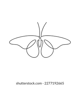 Line continuous butterfly drawing. Minimal vector  illustration. Hand drawn moth linear silhouette icon. Outline design element, print, banner, card, poster, brochure, logo, product packaging.