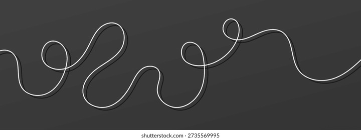 Line continuous cable and squiggle white tangle on dark background with shadow. Pattern wave thick with background knot decor and sewing abstract doodle.