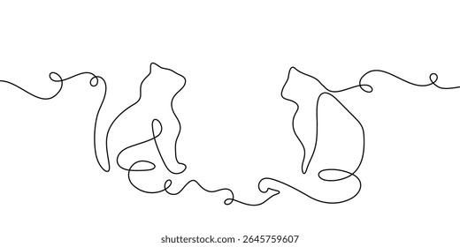 Linha contínua gato animal de estimação esboço esboço desenhar um animal vetor desenho. Linha de gato dois 2 casal feliz doodle gatinho branco fundo preto bonito ilustração clipart silhueta contorno arte