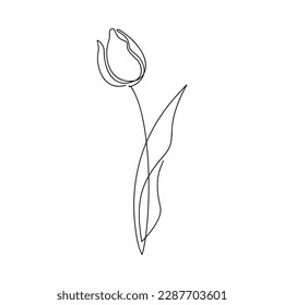 Line continuous drawing. Abstract tulip flower icon vector. Contour silhouette isolated. Linear illustration. Floral design, print, beauty branding, card, poster. Minimal contemporary drawing.