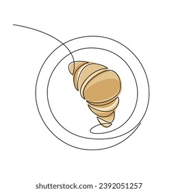 Line continuous drawing. French croissant vector. Hand drawn illustration. Pastry icon. Graphic print, kitchen banner, card, food product logo, menu, bakery shop, sign.