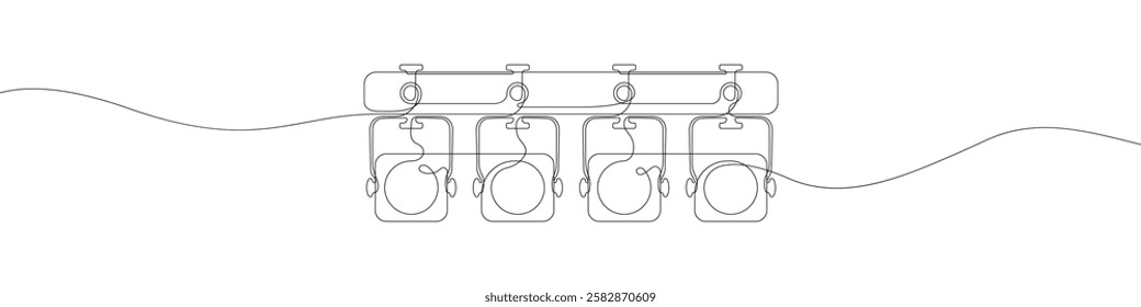 Line continuous drawing vector Searchlight icon. One line Theater spotlight icon vector background. Spotlight on a stand icon. Continuous outline of a Pendant spotlight icon.