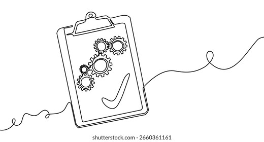 Line continuous gear art one cog icon work business factory wheel. Gear continuous line vector computer outline setting cogwheel technology sketch drawing science stroke machine brain background.