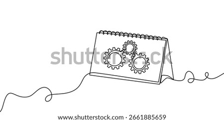 Line continuous gear art one icon cog work business factory wheel. Gear continuous line vector setting outline computer cogwheel technology sketch drawing science stroke machine brain background.
