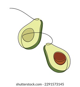 Line continuous hand drawn illustration. Avocado vector. Fruit and vegetable icon. Minimal linear silhouette. Outline design, print, banner, card, brochure, logo, cartoon sign, graphic doodle, symbol.