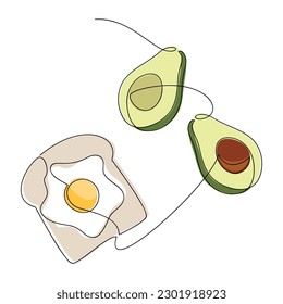 Line continuous hand drawn illustration. Avocado, egg on toast vector. Fruit and vegetable icon. Minimal linear silhouette. Outline design, print, banner, card, logo, cartoon sign, graphic doodle.